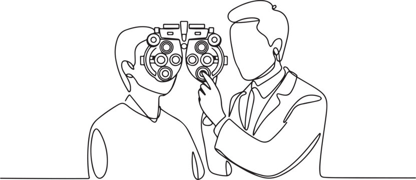 Ophthalmologist eye testing frame, Eye doctor holding eye testing frame vector illustration, Sketch drawing of eye OPD examination equipment. one line Icon drawing