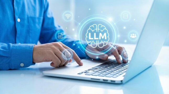 Engineer hand typing on laptop computer keyboard with digital hologram LLM or large language model AI data automation technology network system innovation optimization interface