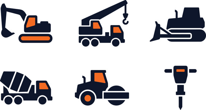 Heavy construction machinery vector icons set including excavator crane truck bulldozer cement mixer road roller and jackhammer isolated on white background