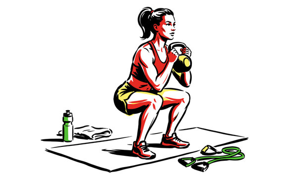 Fitness illustration of a woman doing goblet squats with a kettlebell on a mat with resistance bands and water bottle