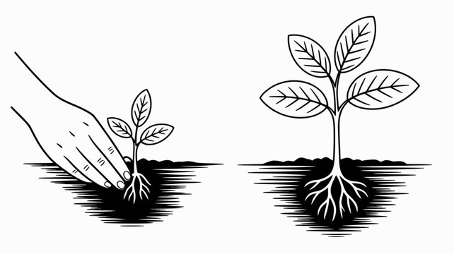 Planting a young seedling growing into a healthy plant illustration