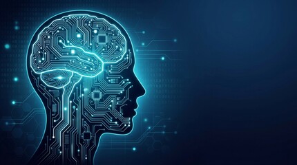 Obraz premium Artificial Intelligence Concept: Cybernetic Human Profile with Intricate Circuit Board Patterns and Binary Code on Dark Blue Background with Copy Space
