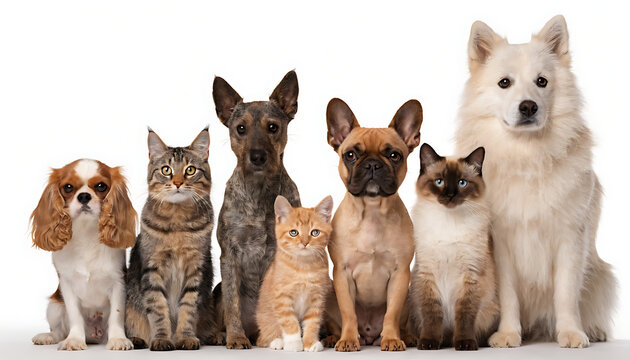 A group of dogs and cats sitting together isolated on white background