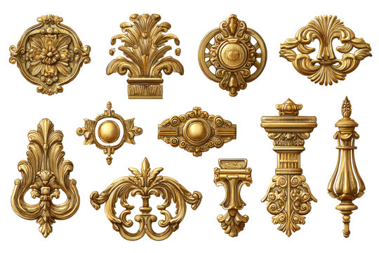 Collection of ornate golden decorative elements isolated on transparent background. A collection of ornate golden baroque and rococo architectural decorative elements isolated on white background.