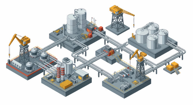 Industrial complex with pipelines and cranes isometric view.