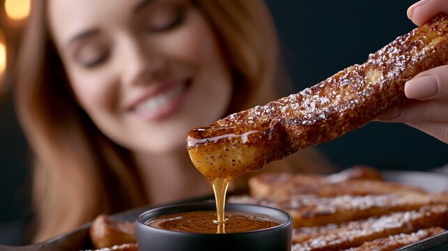 Eine l&auml;chelnde Frau taucht einen Churro in Karamellsauce, umgeben von weiteren Churros auf einem Tablett.
