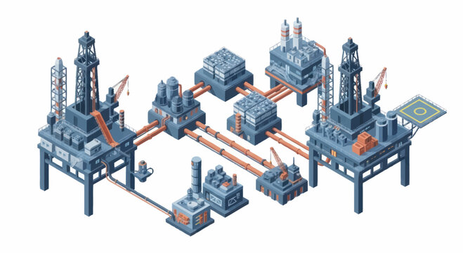 Offshore oil rig platform complex connected by pipelines illustration.