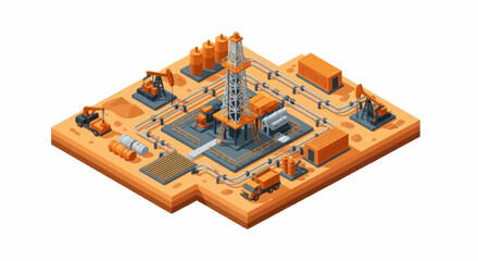 Oil drilling rig and equipment in desert landscape isometric view. © Nemo