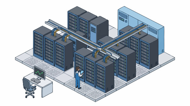 Data Center Server Room With Technician And Computer.