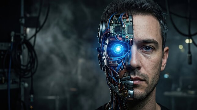 Man with robotic face half cyborg glowing blue eye futuristic technology background