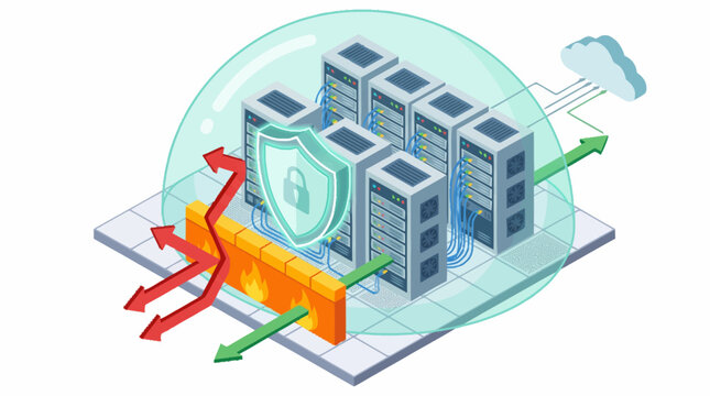 Cybersecurity concept with servers protected by firewall and shield.