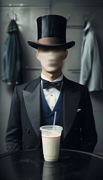 Surreale scena interna di un volto sfocato di una persona seduta ad un tavolo mentre beve un bicchiere di latte, Surreal interior scene of a blurred face of a person sitting at a table while drinking 