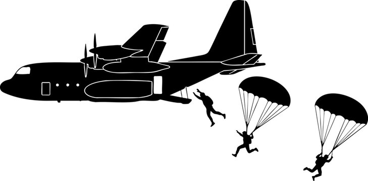 Military Airplane Silhouette with Paratroopers Jumping Out