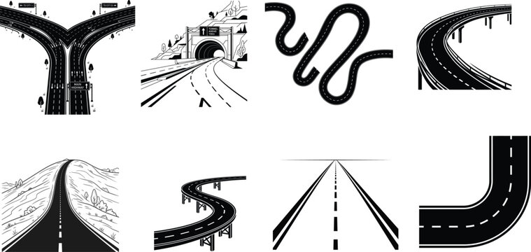Set of various road and street illustrations with junction