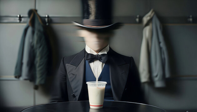 Surreale scena interna di un volto sfocato di una persona seduta ad un tavolo mentre beve un bicchiere di latte, Surreal interior scene of a blurred face of a person sitting at a table while drinking 