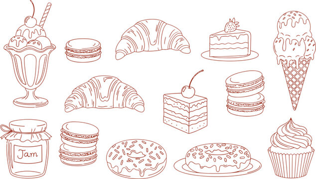 Hand drawn dessert collection croissants ice cream macarons cakes and pastries sketch illustration