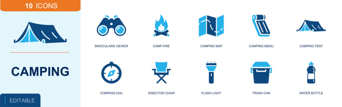 Camping icon set. Containing binocular viewer, camp fire, camping map, sleeping mat, camping tent, compass dial, director chair, flash light, water bottle and more. Solid fill vector icons.