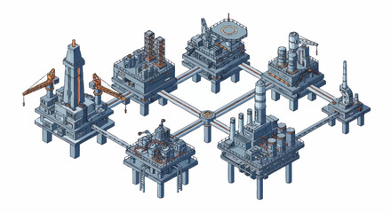 Obraz premium Offshore oil rigs connected by pipelines in the ocean.