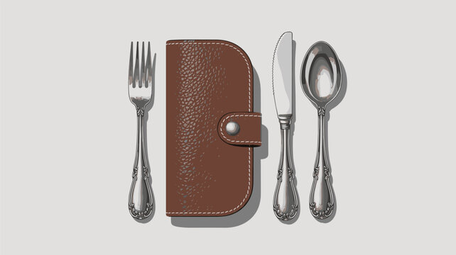 A textured brown leather utensil case is positioned between a classic silver fork and a matching knife and spoon set on a clean light gray studio background surface.