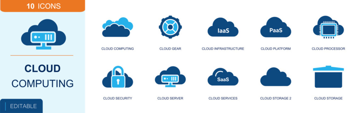 Cloud computing icon set. Containing cloud computing, cloud gear, IaaS, PaaS, cloud processor, cloud security, cloud server, SaaS, cloud storage system and more. Solid fill vector icons.