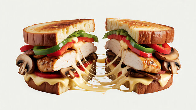 Grilled chicken sandwich with melted cheese mushrooms and peppers on toasted bread halves with cheese strings  closeup