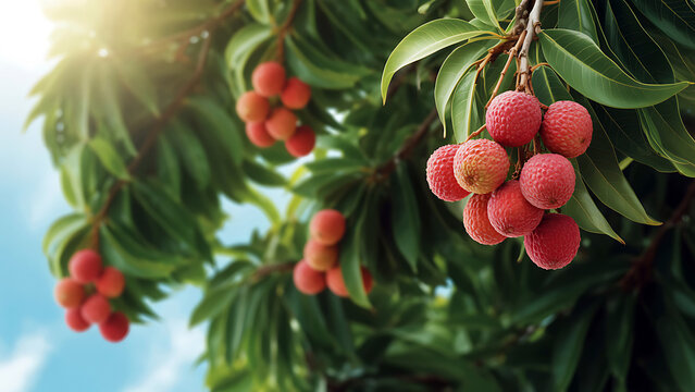Closeup of lychee fruits hanging from tree branches with green leaves under sunny blue sky with white clouds  tropical fruit