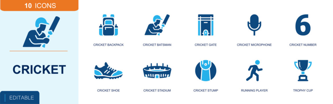 Cricket icon set. Containing cricket batsman, cricket backpack, wicket gate, microphone, number six, cricket shoe, stadium, cricket stump, trophy cup and more. Solid fill vector icons.