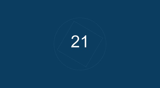 Minimalist number 21 countdown animation on dark blue background animation