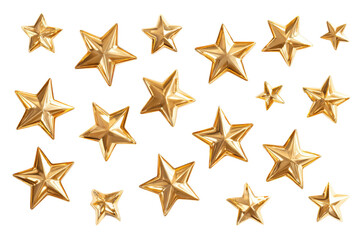 Fototapeta premium Collection of golden stars isolated on transparent background. Gold foil stars for celebration and festive decoration isolated on white background.