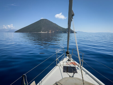 Approachign Atokos Island and Pig Beach in the Ionian on a Sailing Yacht in calm conditions.