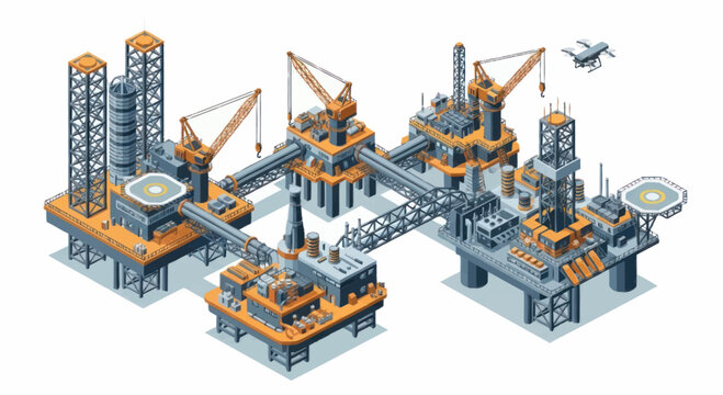 Offshore oil rig platform complex with cranes and helipads.
