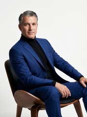 Fototapeta premium Mature man in blue suit sitting on modern chair