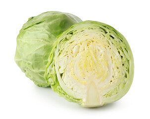 Obraz premium Whole and cut fresh cabbages isolated on white
