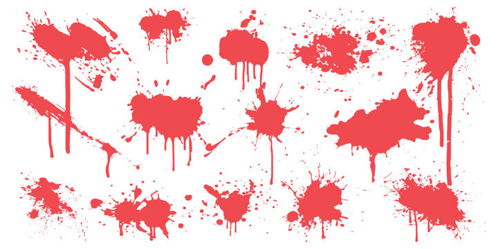 Red paint splatter and messy ink drop stain set vector illustration for grunge background and artistic design.