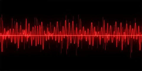 Digital music equalizer illustration featuring a red and blue audio wave pulse over a dark electronic technology backdrop with frequency waveform line graph design © Razu Ahmed Emran 2