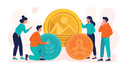 Naklejka premium Diverse Group of People Analyzing Colorful Coins Representing Nature and Ideas in a Collaborative Setting