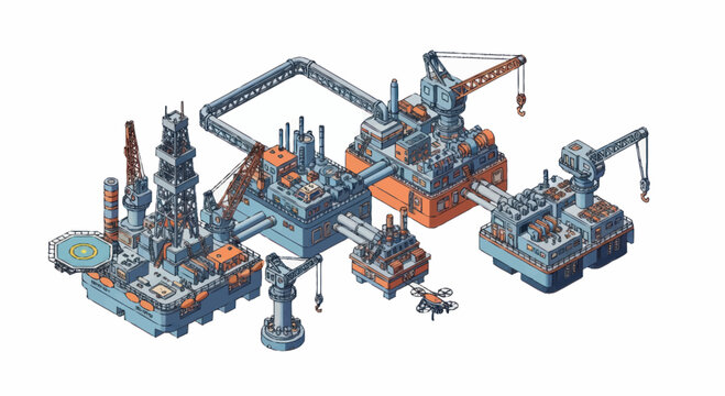 Industrial offshore oil rig platform complex isometric illustration.