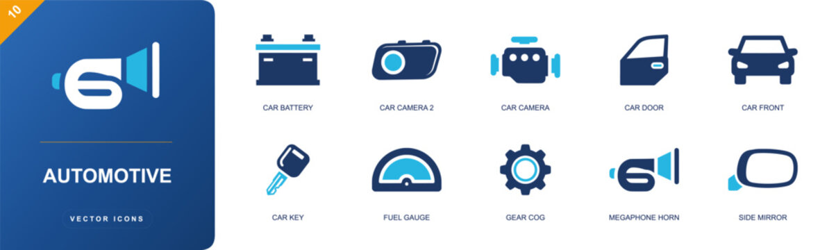 Automotive equipment icon set. Containing car battery, dashboard camera, engine block, car door, car front, car key, fuel gauge, warning horn, side mirror and more. Solid fill vector icons.