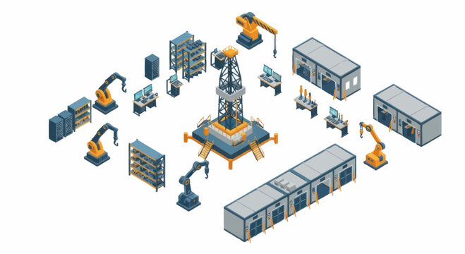 Industrial Automation Factory Components and Robotic Arms.