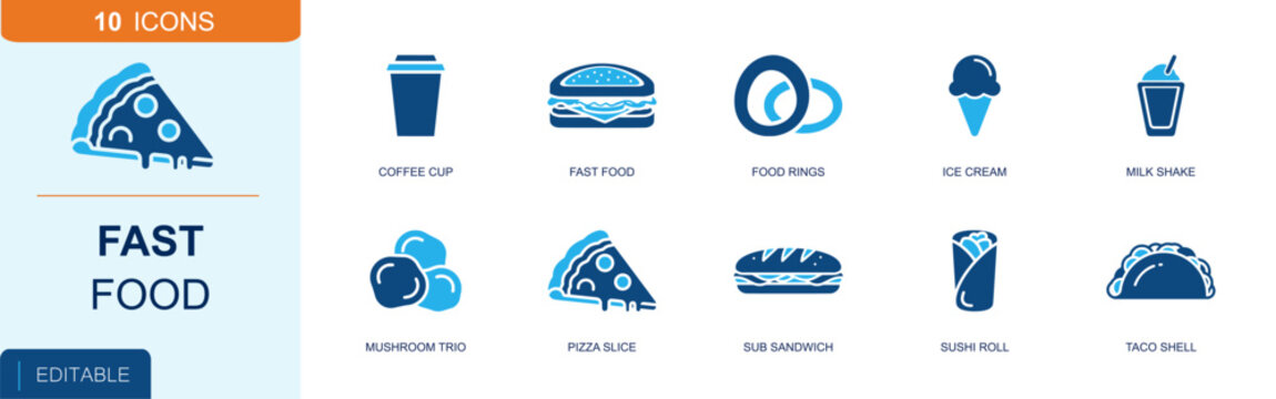 Fast food icon set. Containing coffee cup, cheeseburger, onion rings, ice cream cone, milk shake, pizza slice, sub sandwich, sushi roll, taco shell and more. Solid fill vector icons.