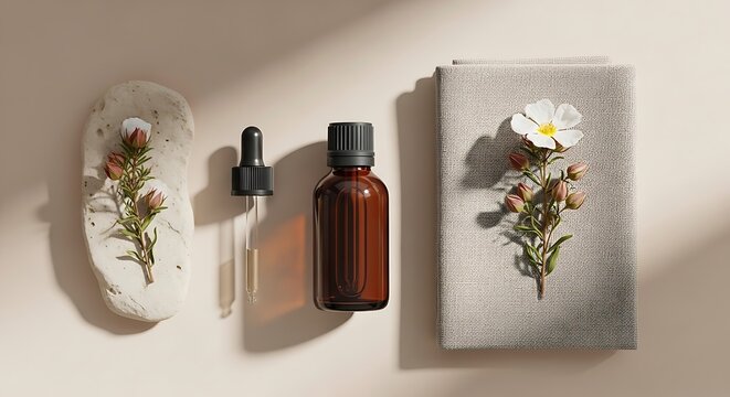 Minimalist top view arrangement with a brown glass dropper bottle of cistus essential oil on a neutral beige background with organic rock and linen fabric