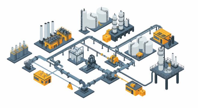Industrial factory complex with pipelines and machinery isometric view.
