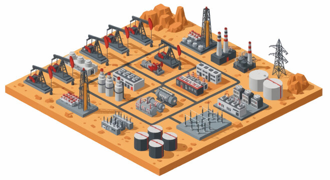 Oil industry complex with pumpjacks and refineries.