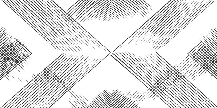 Abstract black and white geometric background with intersecting diagonal sketch lines and crosshatch pattern vector illustration.