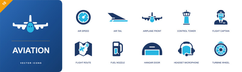 Aviation icon set. Containing airspeed, air tail, airplane front, control tower, flight captain, flight route, fuel nozzle, hangar door, headset microphone and more. Solid fill vector icons. © Anna