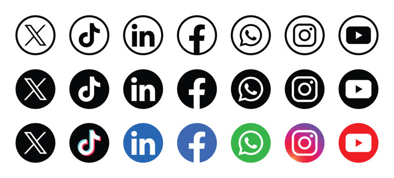 Popular Social media network icons circle buttons collection 2026. Facebook, Instagram, Twitter, X , YouTube, LinkedIn, WhatsApp and TikTok. Round vector Contact icon set 2026. vector illustration eps