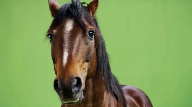 Brown horse with black mane and white stripe on forehead against green background