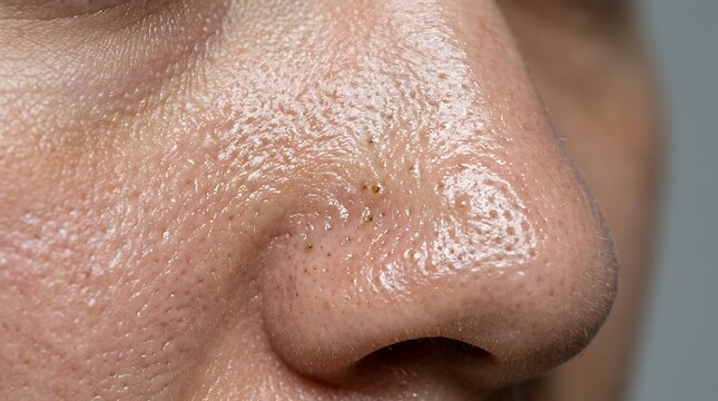 Macro Close-up of Human Nose with Visible Blackheads, Whiteheads, and Enlarged Pores on Oily Skin, Illustrating Common Facial Skin Imperfections