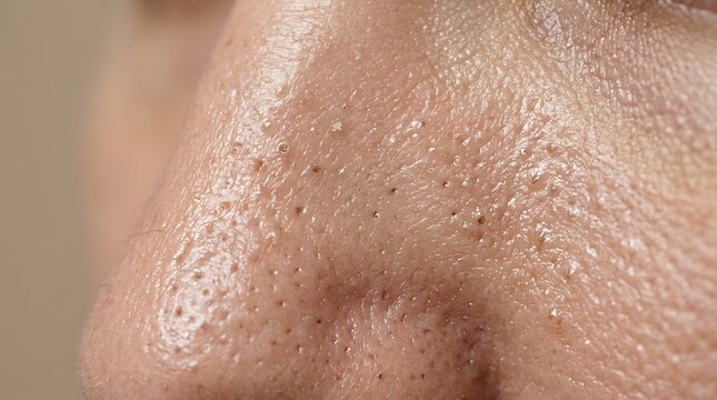 Extreme Close-up of Human Skin with Visible Pores and Blackheads on Nose and Cheek, Showing Oily Texture and Skin Imperfections