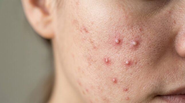 Detailed close-up of a person's face with visible acne, featuring inflamed red pimples and whiteheads on the cheek, representing skin problems and ...